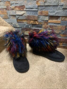 Black Booties with Multicolor Faux Fur Cuff 7